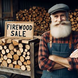 Dekoratives Bild eines Holzverkäufers vor Stapeln von Holz