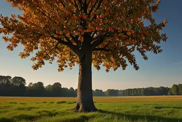 Dekoratives Bild. Gezeigt wird ein Apfelbaum auf großer Wiese. Im weitläufigen Hintergrund erkennt man einen kleinen Wald.